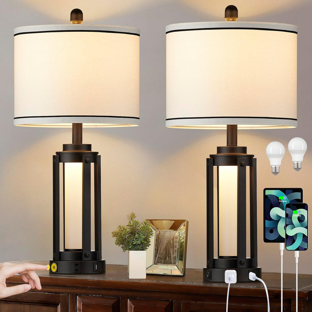 25" Modern Table Lamps Set of 2, Industrial Beside Lamps with USB A+C Ch...