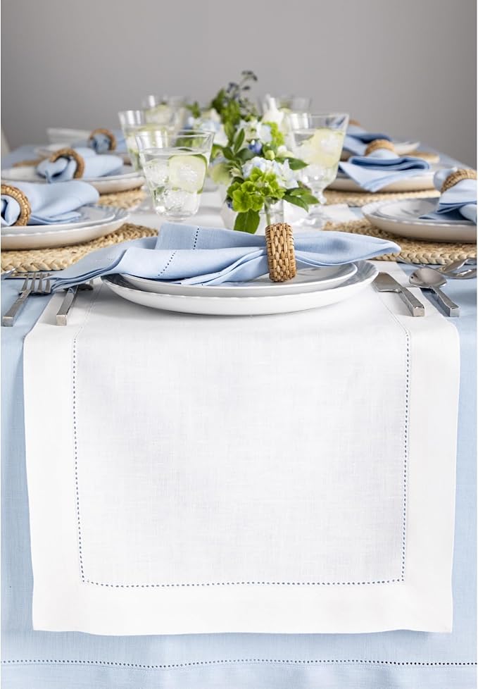 Solino Home Linen White Table Runner 36 Inches - Classic Hemstitch, 100% Pure...