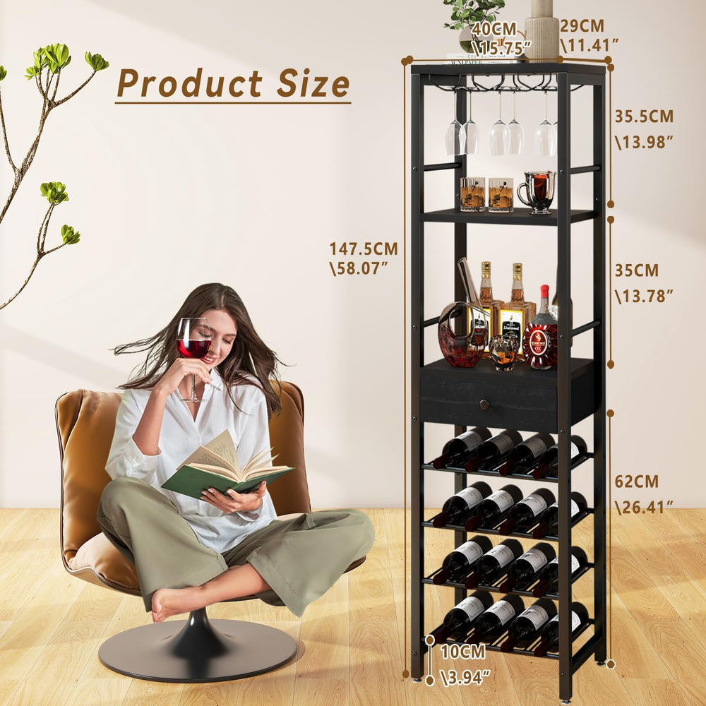 IBUYKE Wine Rack Freestanding Floor with Glass Holder,Black TMJ905B