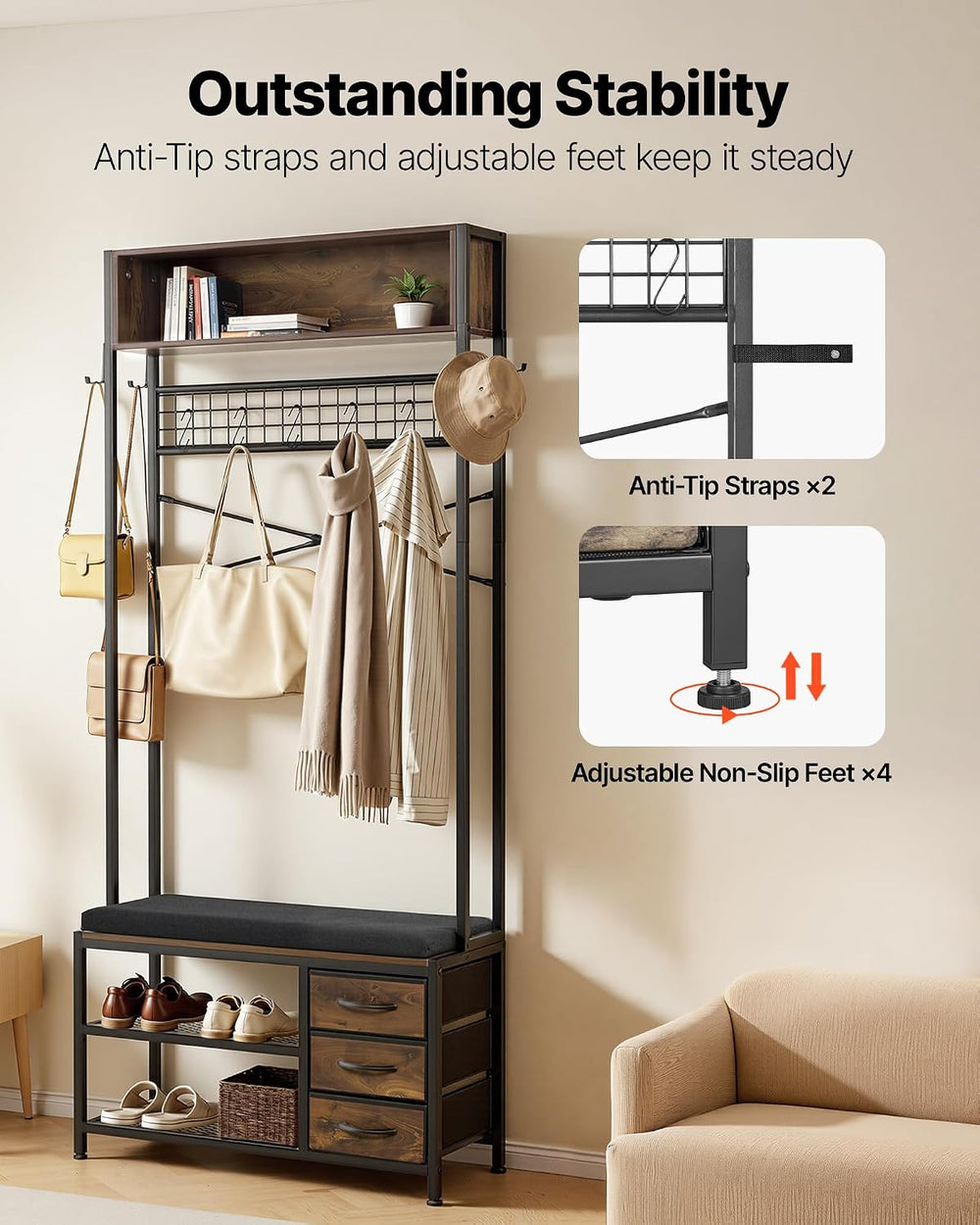 VEVOR Hall Tree with Bench and Shoe Storage, Entryway Bench with Coat Rack, 3...