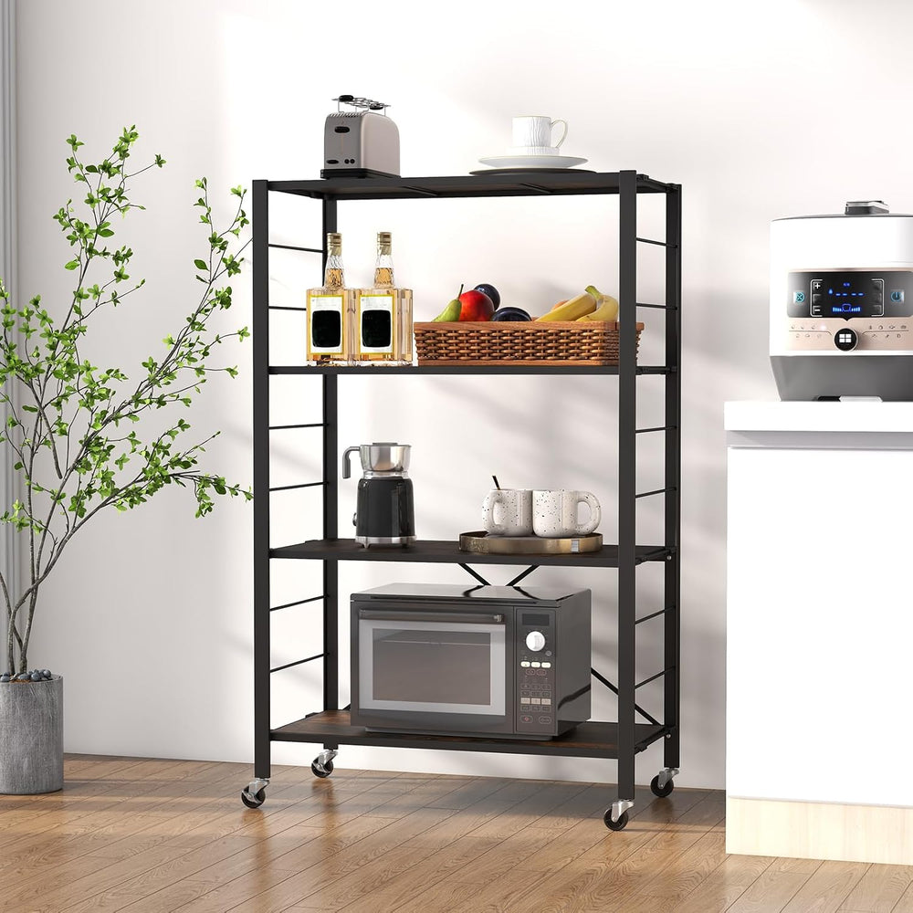 GIANTEX 4-Tier Folding Storage Shelf, Collapsible Shelving Unit w/Lockable Wh...
