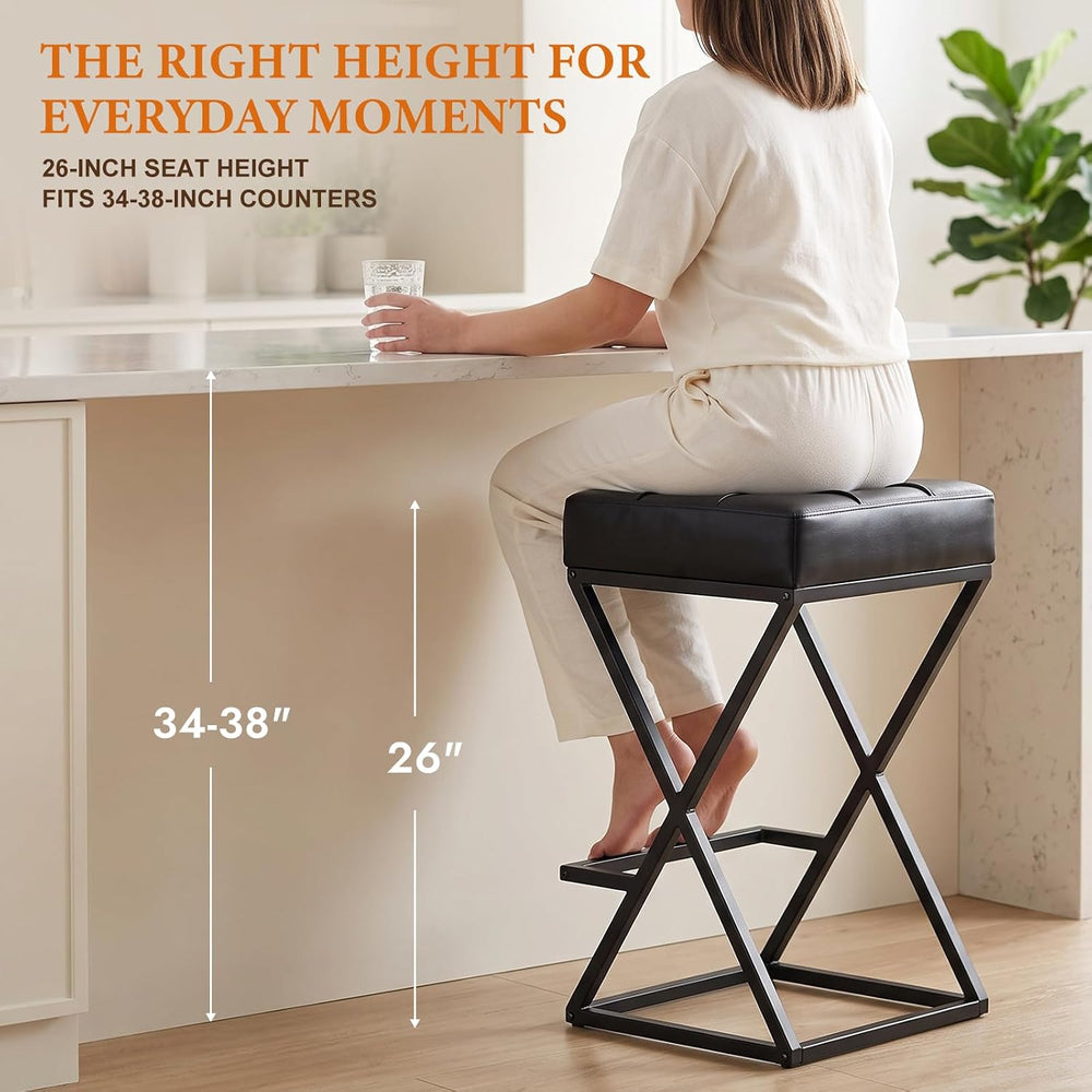 Bar Stools Set of 2, 26 Inch Counter Height Stool Faux Leather Black