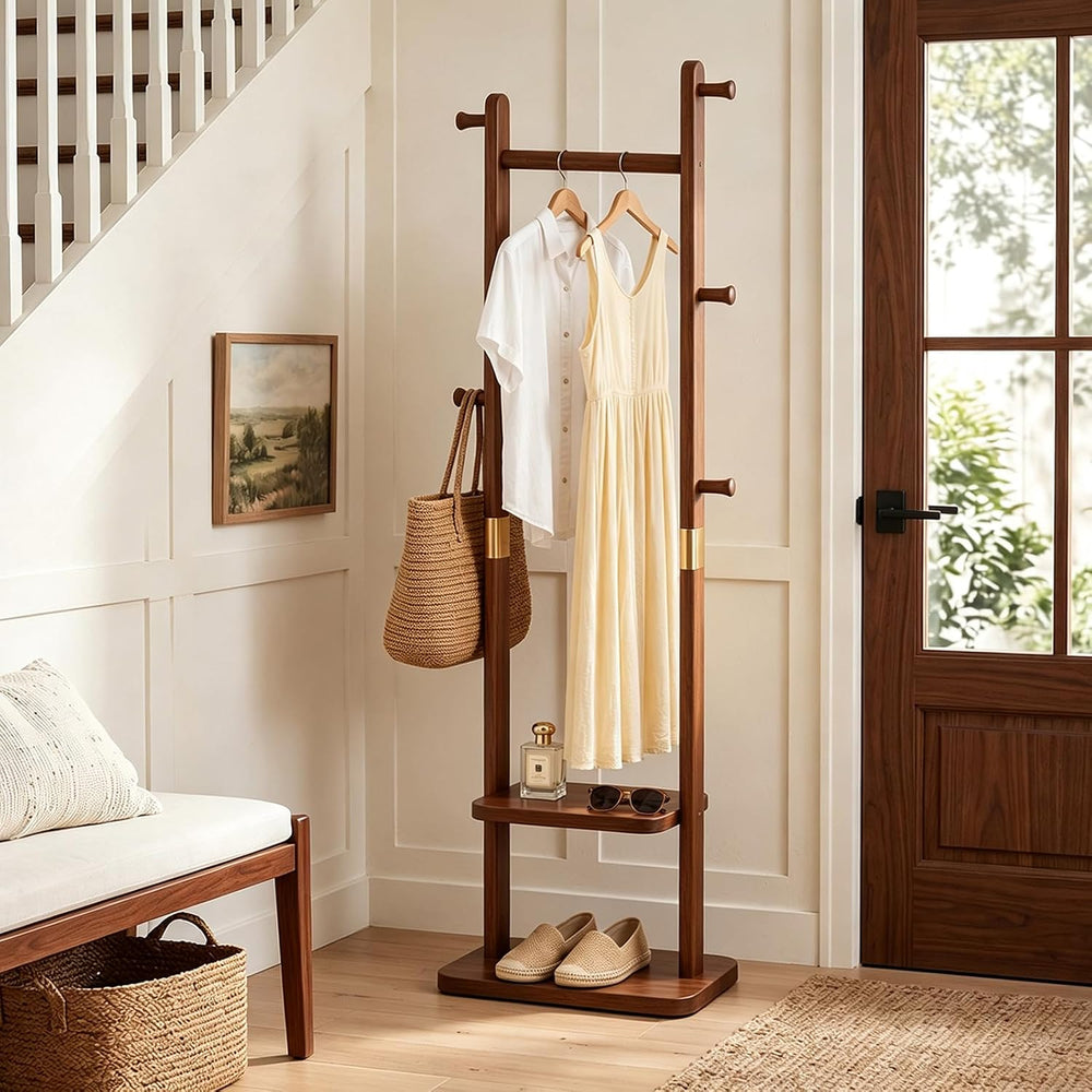 Taitiy Solid Wood Coat Rack Freestanding Clothes Rack 5 Hooks 2 Shelves