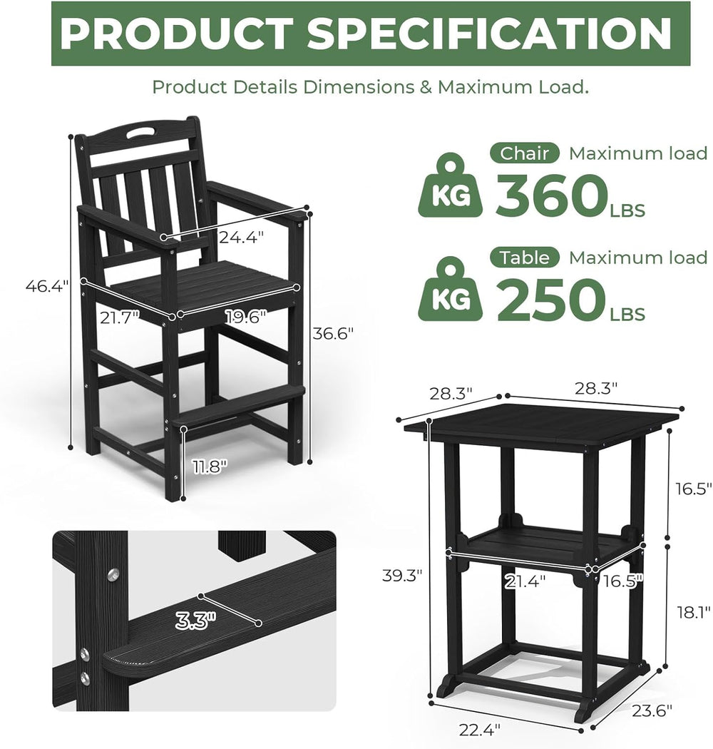 Outdoor Bistro Bar Set, Patio High Top Table and Bar Height Tall Adirondack C...