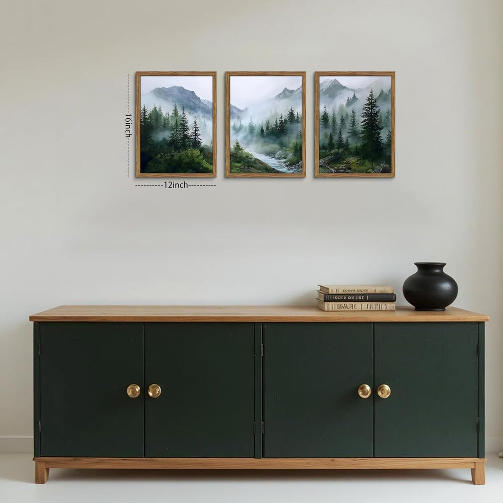 Framed Forest Wall Art Set of 3, Misty Mountain Landscape Canvas Wall Decor P...