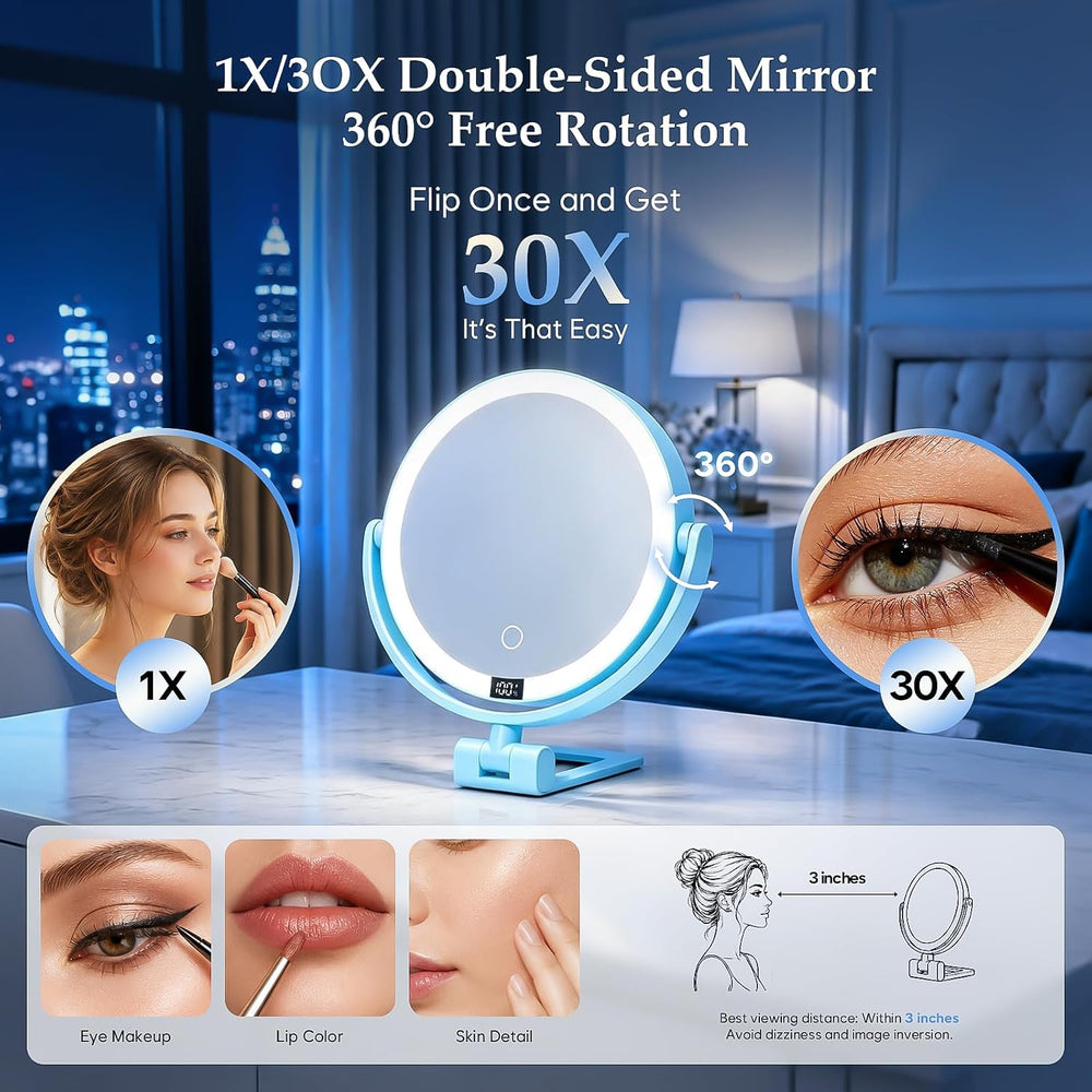 1X/30X Makeup Mirror with Lights, Magnifying Mirror (Sky Blue)