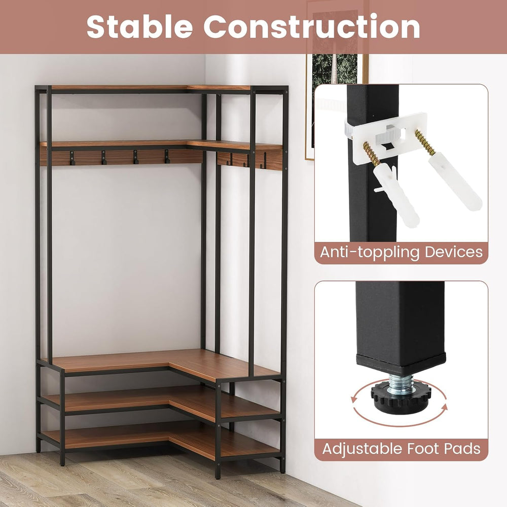 GIANTEX Corner Coat Rack, L-Shaped Hall Tree with Bench and Shoe Storage