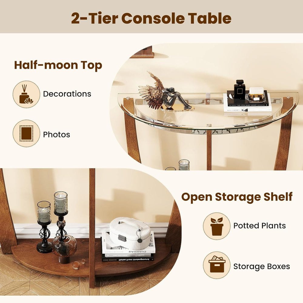 GIANTEX 2-Tier Glass Console Table, Half Moon Modern Entryway Table