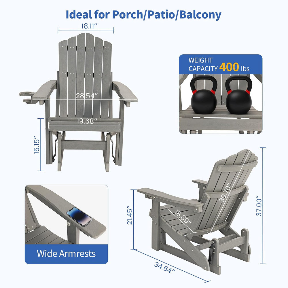 HDPE Adirondack Glider Chair,3-Position Adjustable Backrest Patio Glider