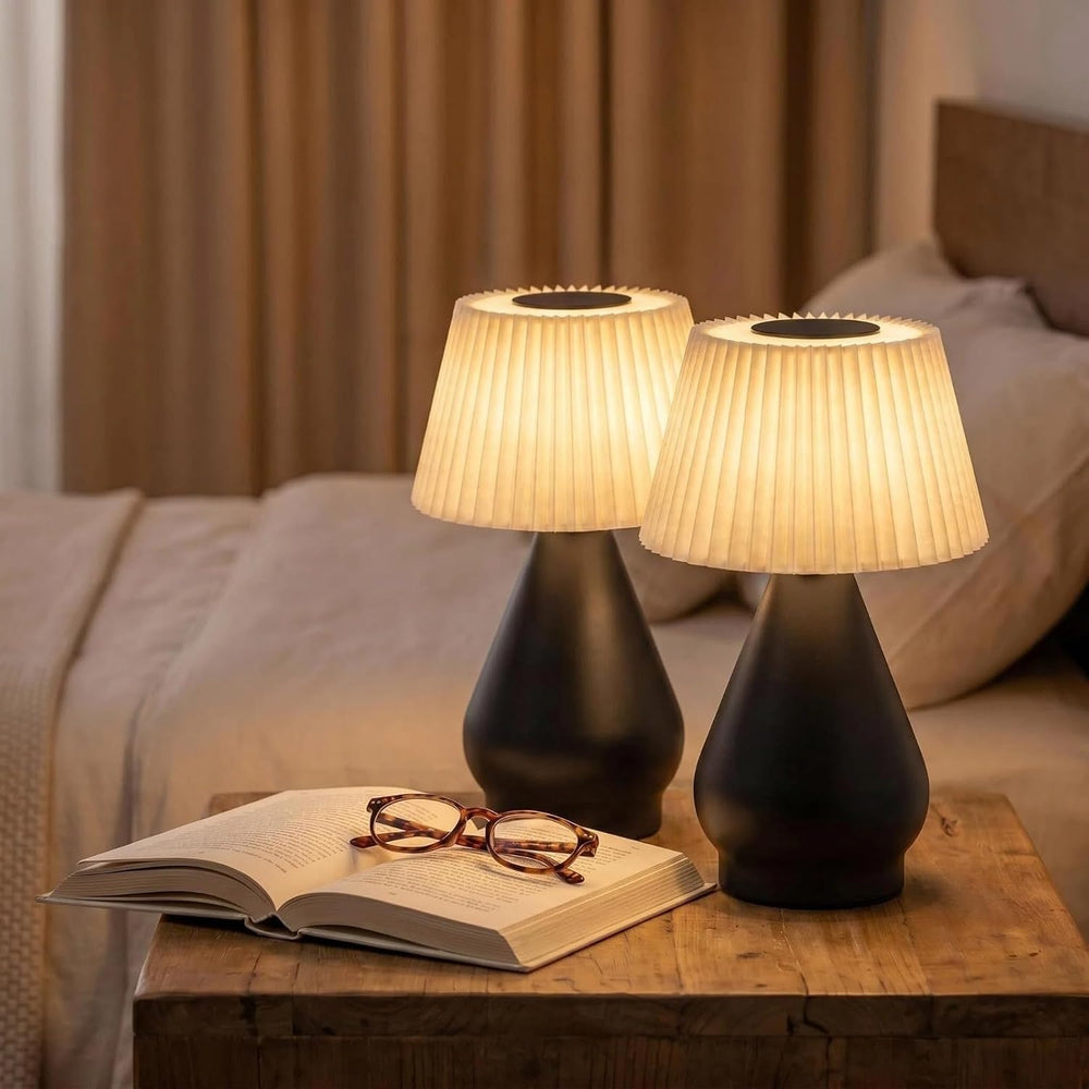 Cordless Rechargeable Small Black Bedside Touch Table Lamp,Pleated Shade