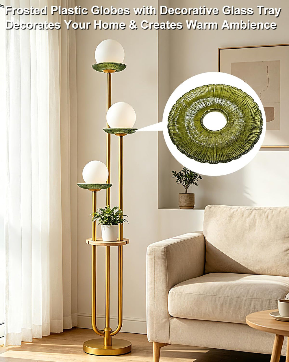3-Globe Gold Floor Lamp Dimmable with Green Glass Tray Tall Lamp