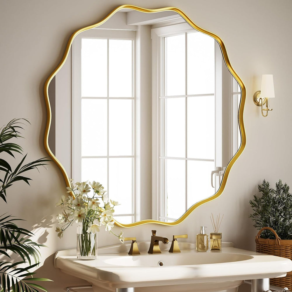 Gold Scalloped Circle Mirror, 42" Wavy Edge Round Wall Mirror
