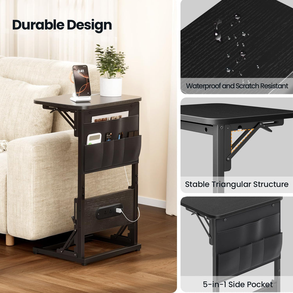 HLDIRECT C Shaped End Table with Charging Station & Storage Bag Black