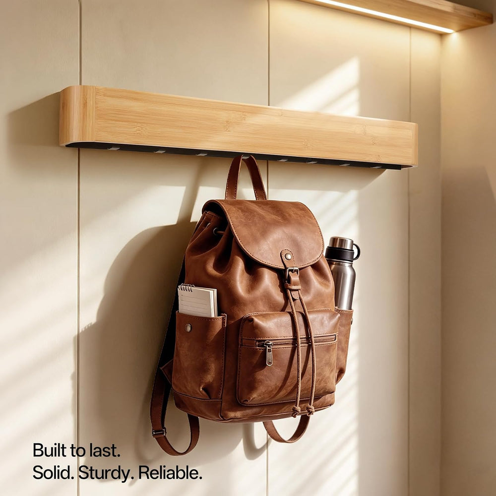 33" Bamboo Coat Rack Wall Mount, 8 Hidden Hooks, Family, Natural