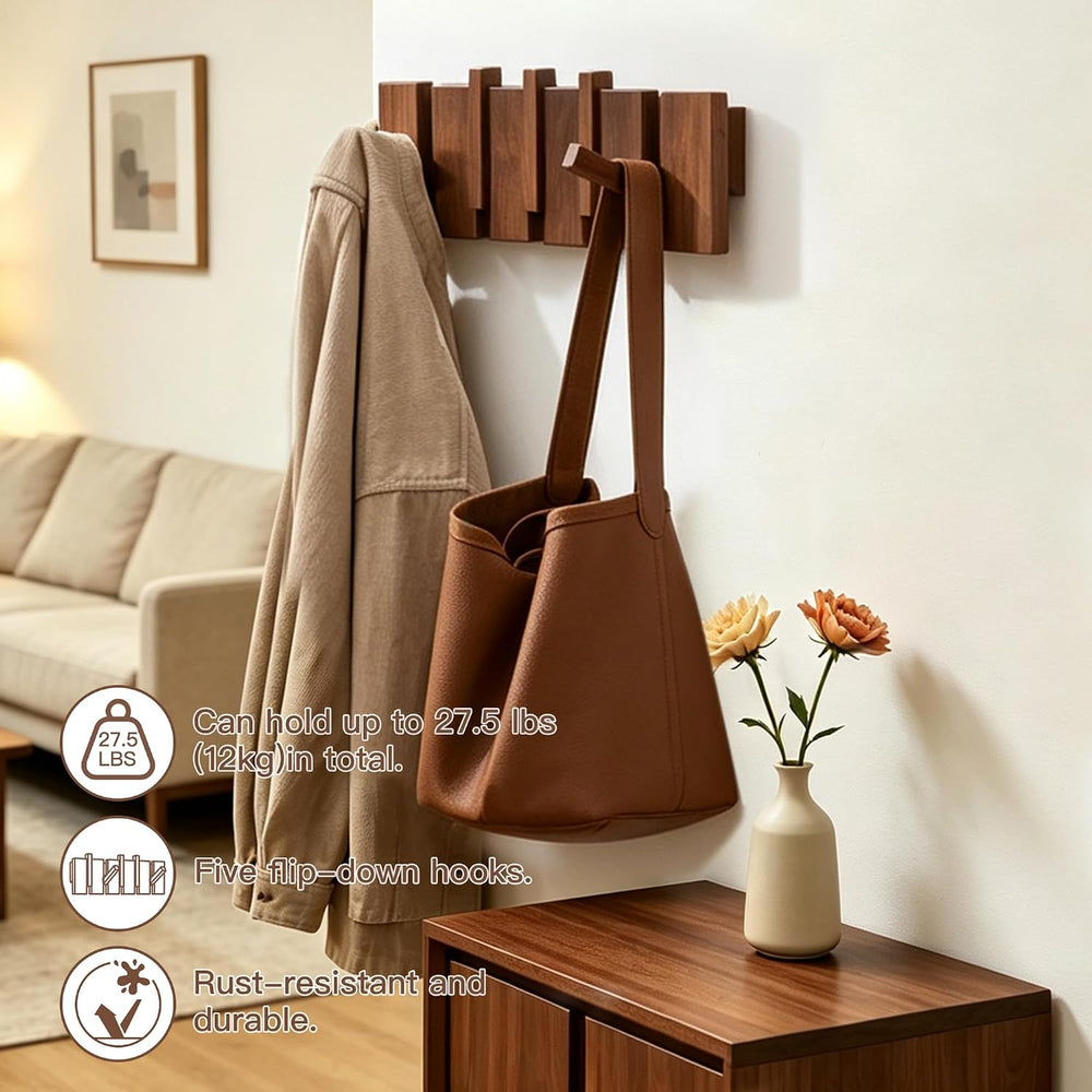 Coat Rack Wall Mount, Walnut 5 Flip-Down Picket Hanger Hooks for Entryway
