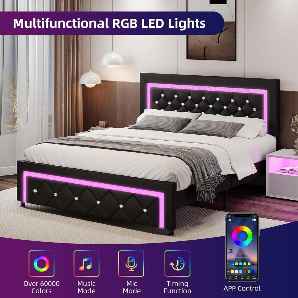 BarnFurin Full Bed Frame with LED Lights, Diamond Tufted Headboard, Black