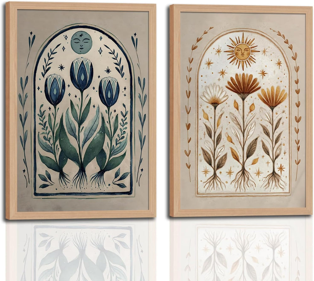 skysoon Boho Moon and Sun Wall Art Set of 2, Floral Botanical Prints
