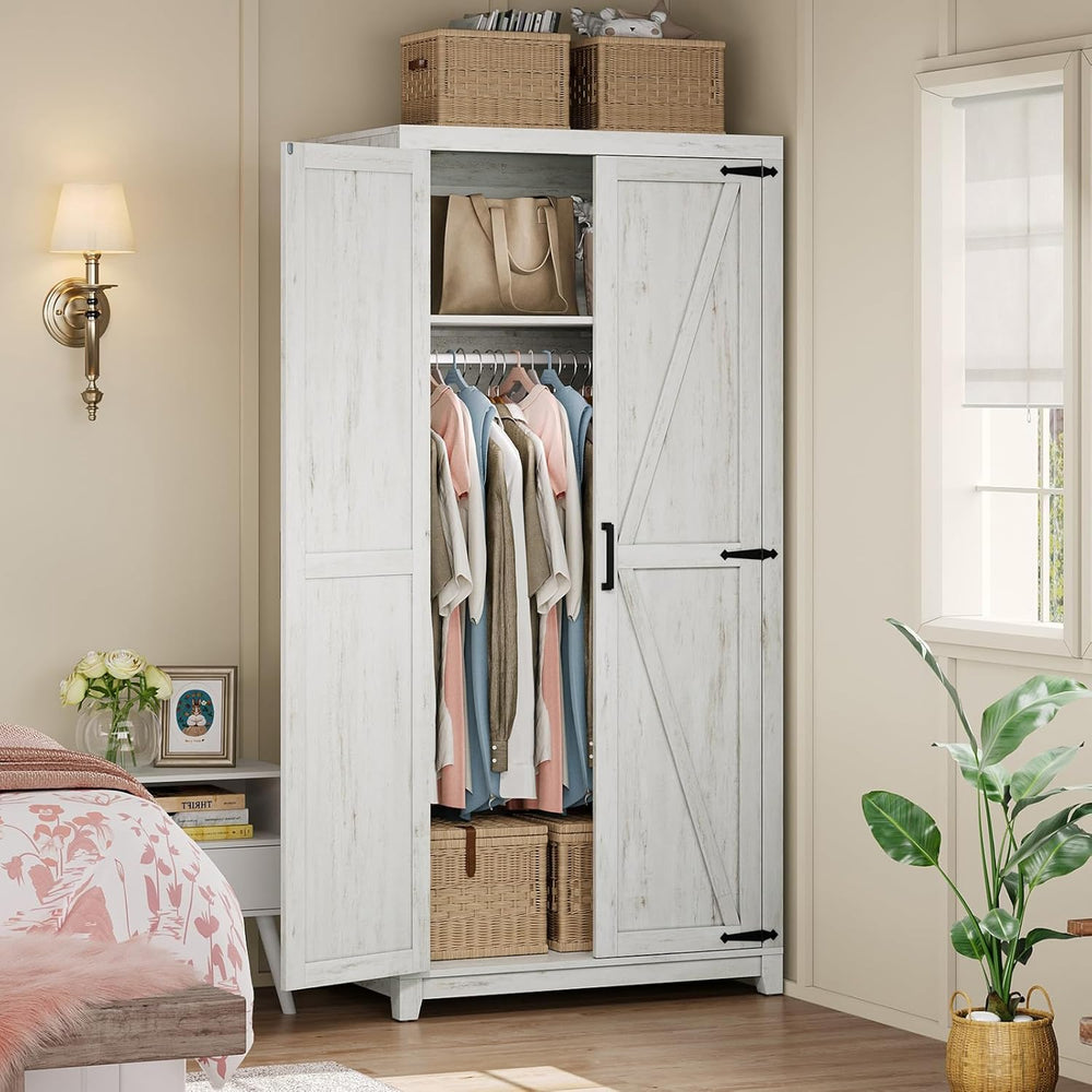 AMERLIFE 71" Farmhouse Wardrobe Closet with Hanging Rod & Barn Doors