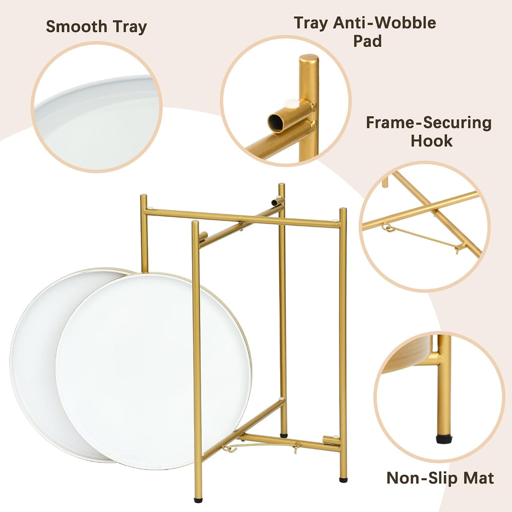 2-Tier Round End Side Table, Small Metal Side Table with Removable Tray, Fold...