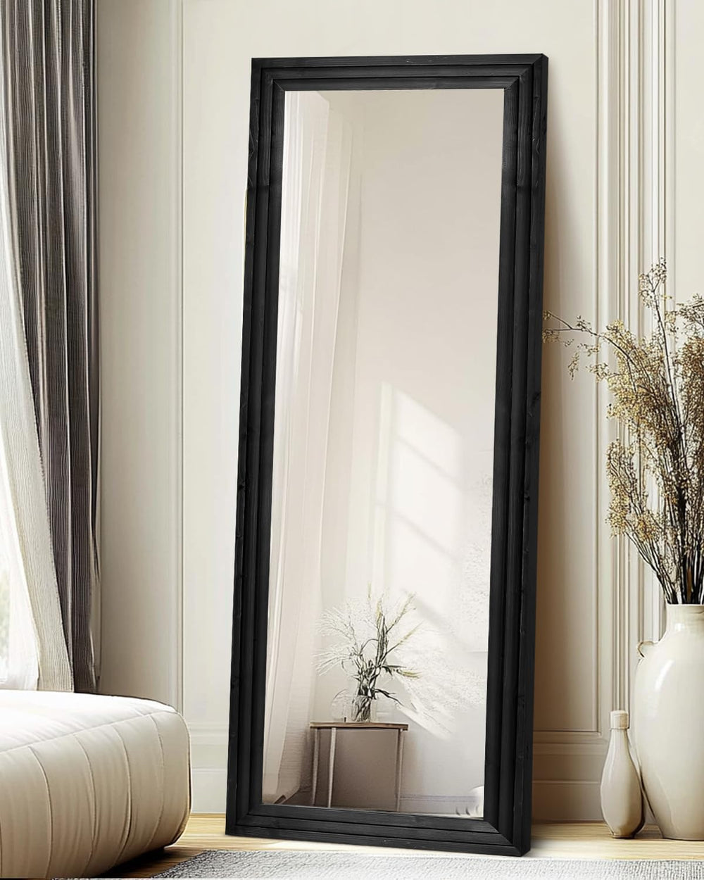65x24in Full Length Mirror, 3-Tier Stepped Solid Wood Frame, Black