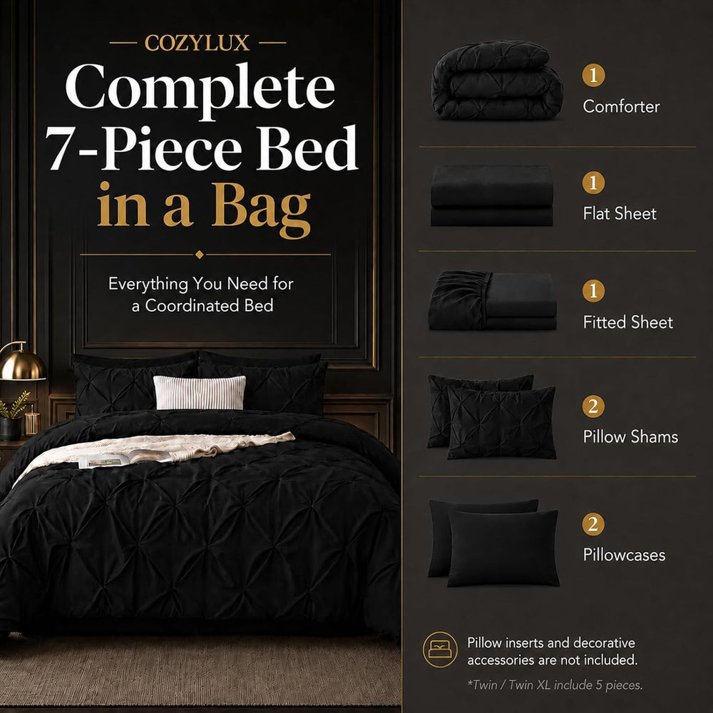 CozyLux Full Size Comforter Sets Black, 7 Pieces Pintuck Bed in a Bag