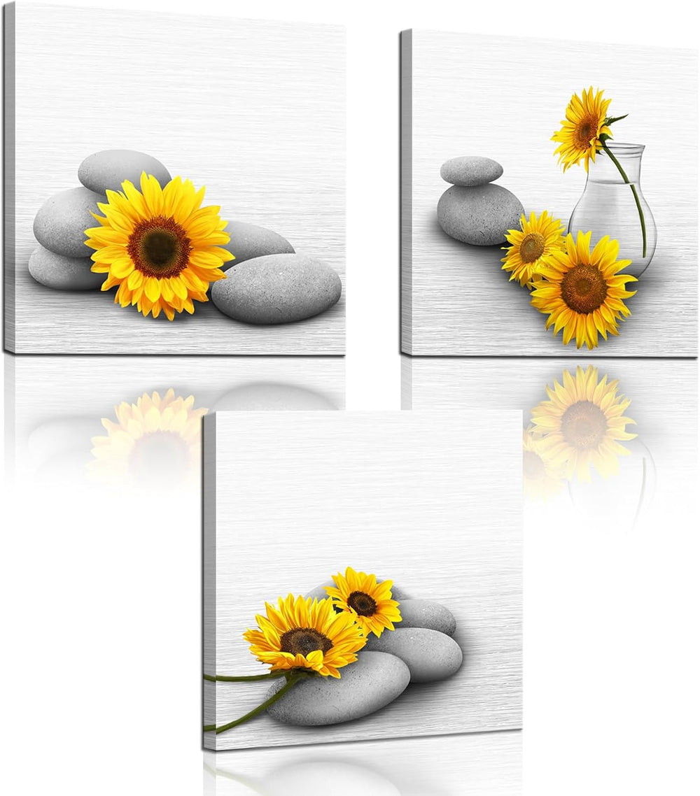 Biuteawal Sunflower Canvas Wall Art 3 Pieces Yellow and Grey Painting Relaxin...