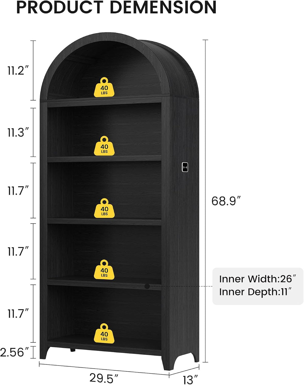 5-Tiber Arched Bookcase with 3-Color Lights & Motion Sensor, Black