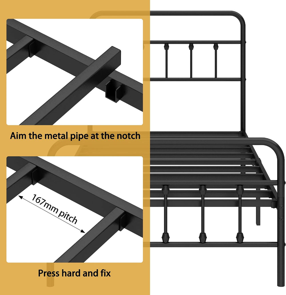 Vengarus Full Metal Bed Frame with Victorian Headboard & Footboard, Black