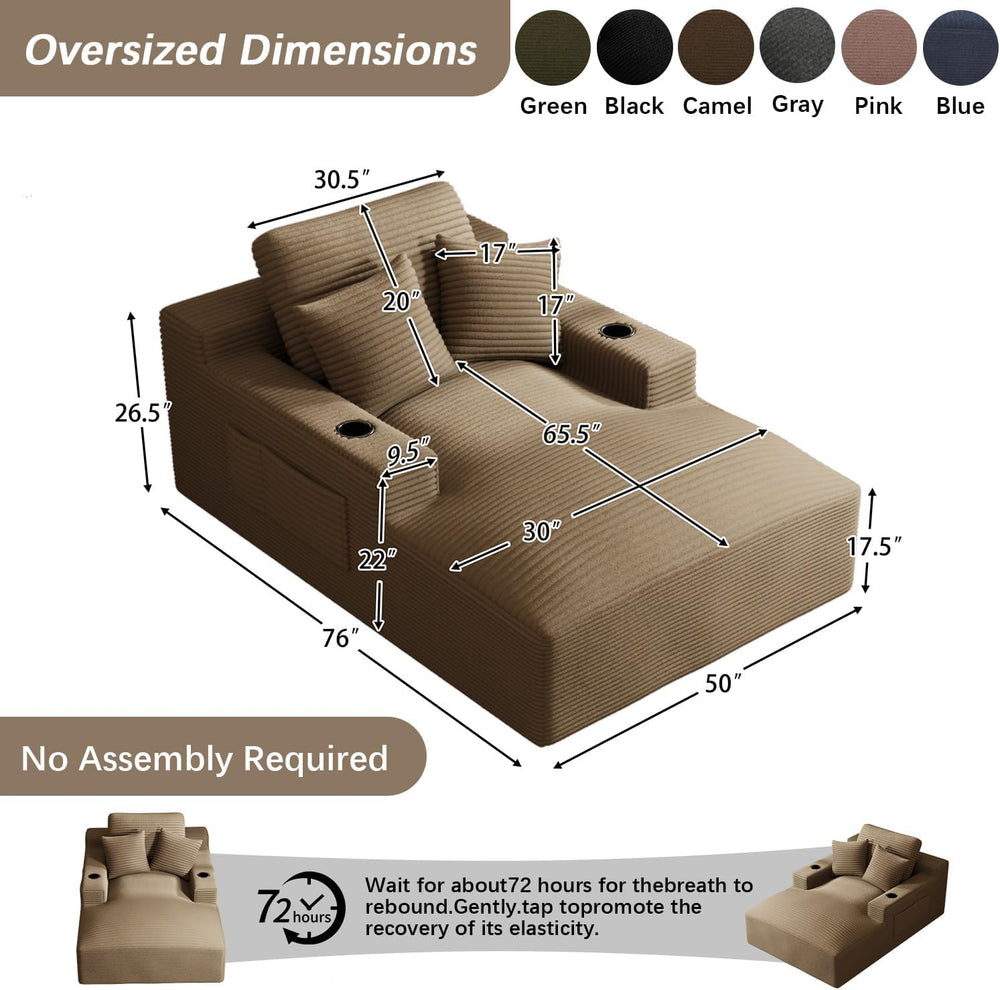 50" x 76" Corduroy Chaise Lounge Sofa Bed with Cup Holders, Camel
