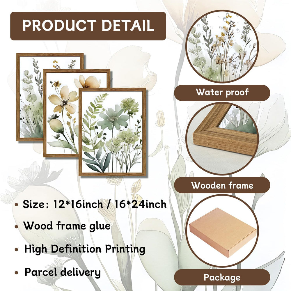 Wood Framed Sage Green Botanical Wall Art Set of 3, Boho Floral Canvas Wall D...