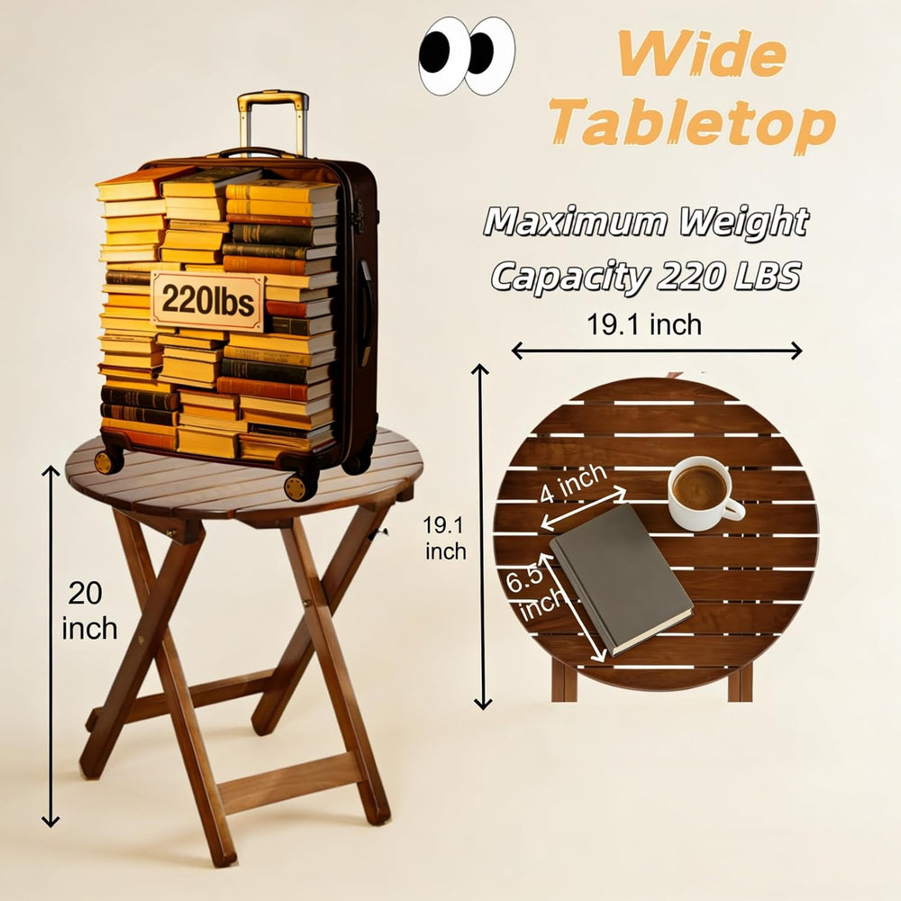 Outdoor Small Table, Round Folding Wooden Patio Side Table Furniture End Tabl...
