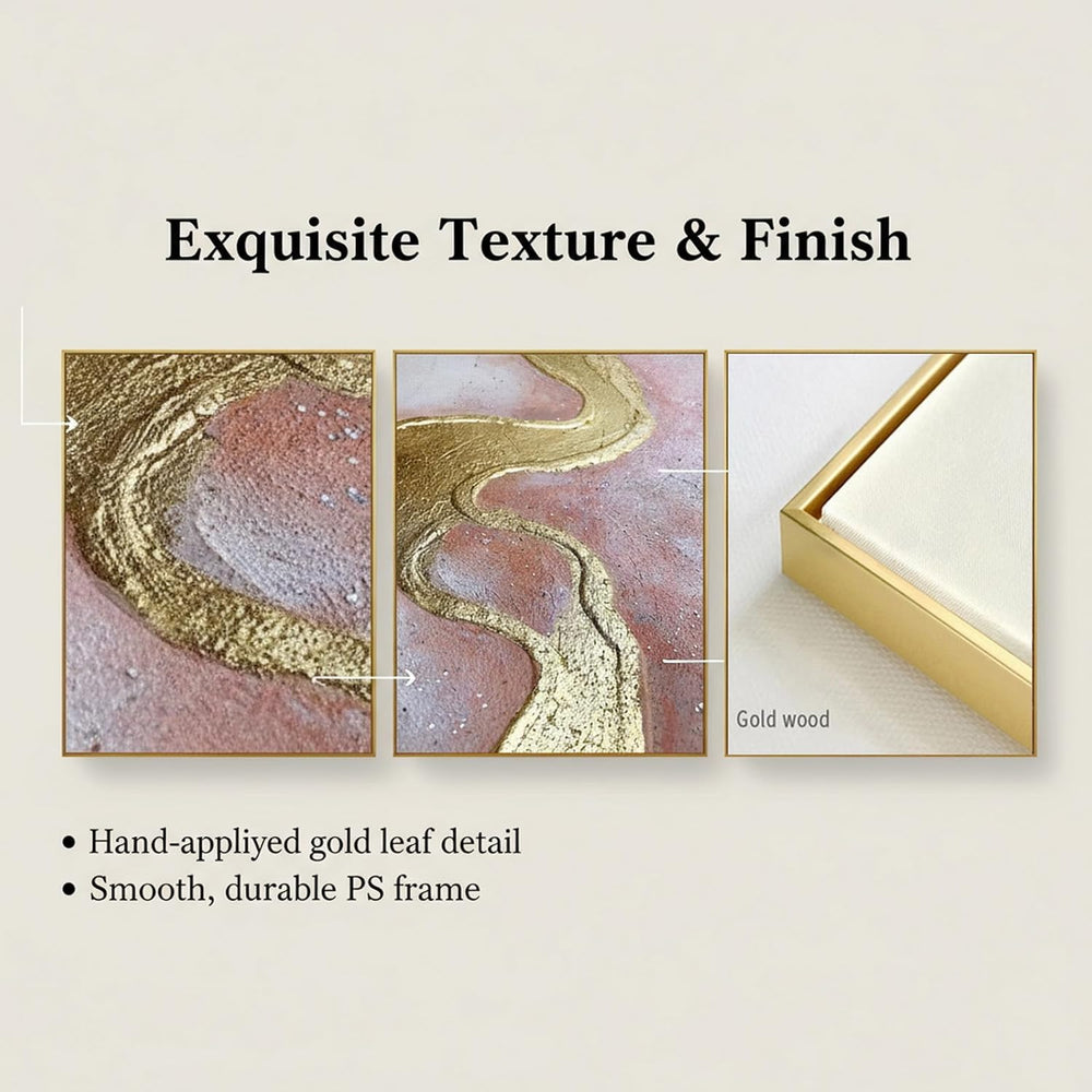 3 Piece Living Room Pink Wall Art, Framed Gold Abstract Painting Water Flow S...