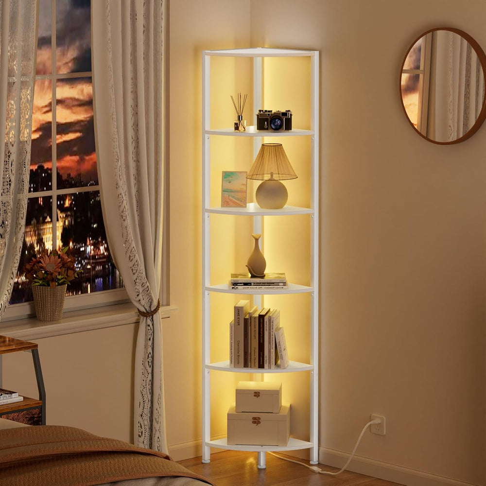 Furnulem 6 Tier Corner Shelf with LED Light, 67.5" White Narrow Bookshelf