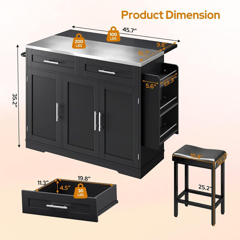 Concho 56" Kitchen Island with Seating Stainless Steel Countertop Black