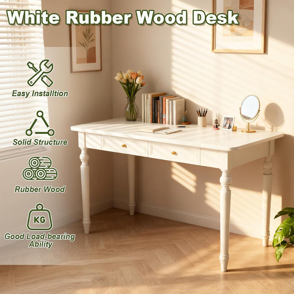 48in Rubber Wood Desk with Two Drawers,Home Writing Tables with Storage