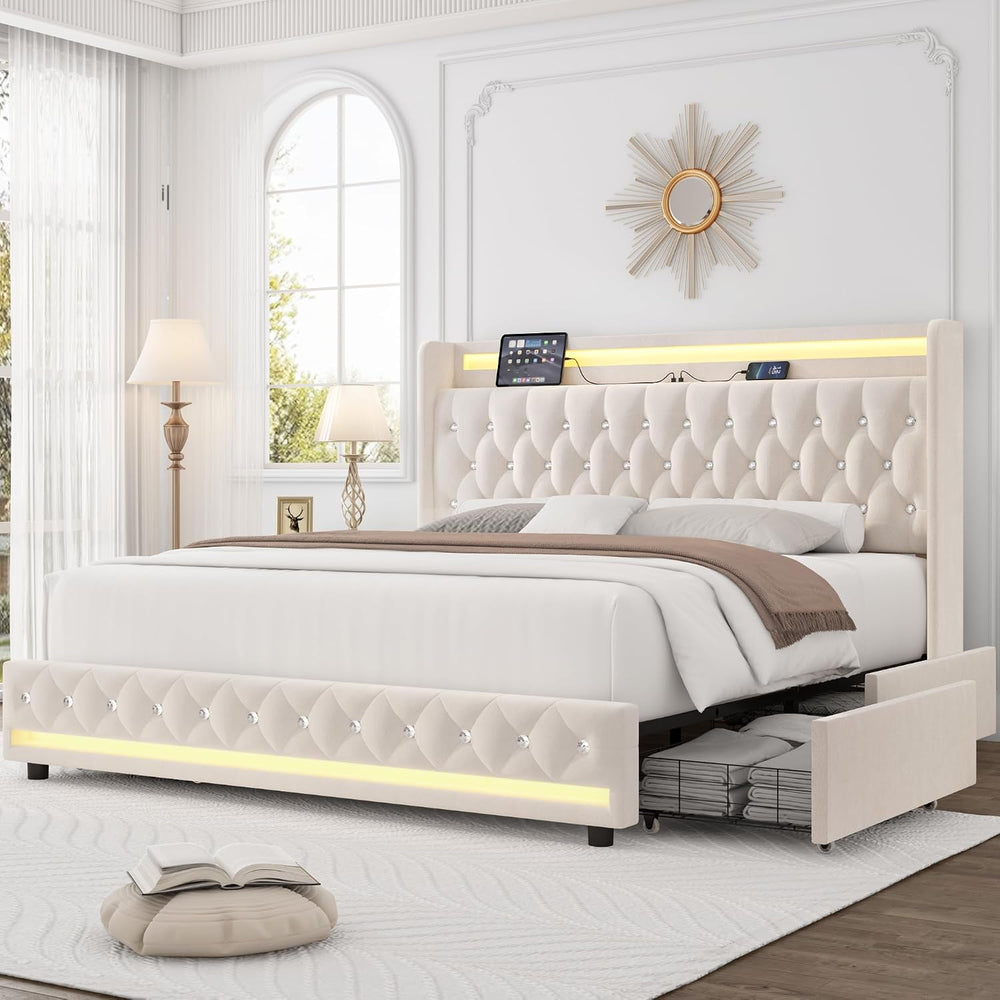 HIFIT Upholstered Queen LED Bed Frame w/Storage & Charging Headboard, Beige