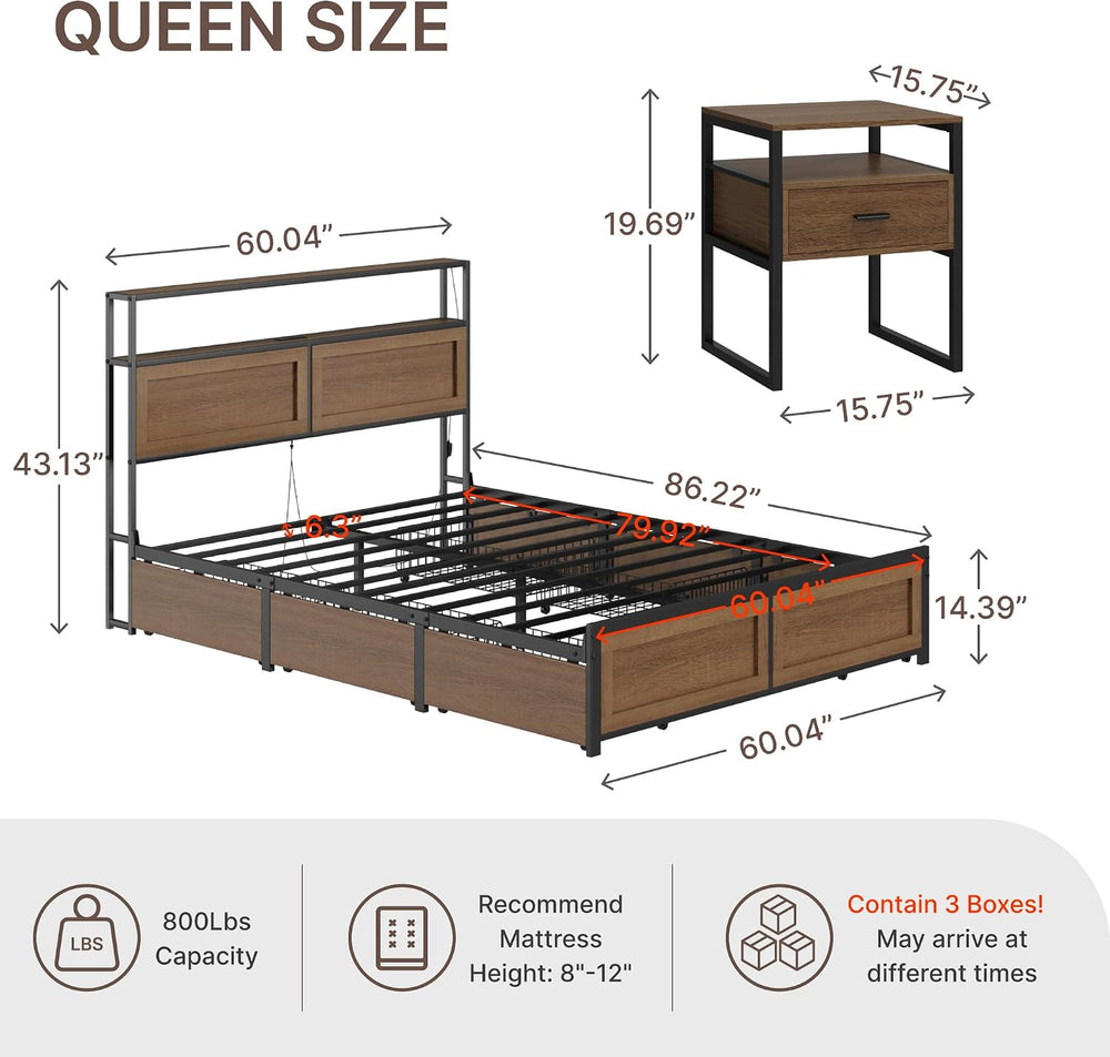 KISLOT 3PCS Bedroom Set with Storage, Industrial Bed Frame, Walnut, Queen