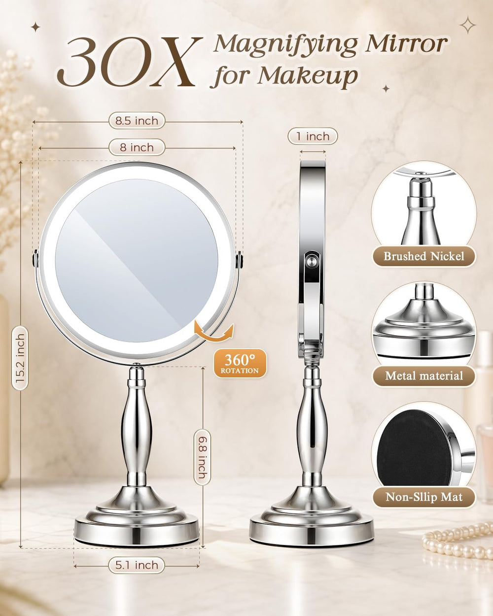 30X/1X Magnifying Mirror with Lights, Rechargeable Lighted Makeup Mirror