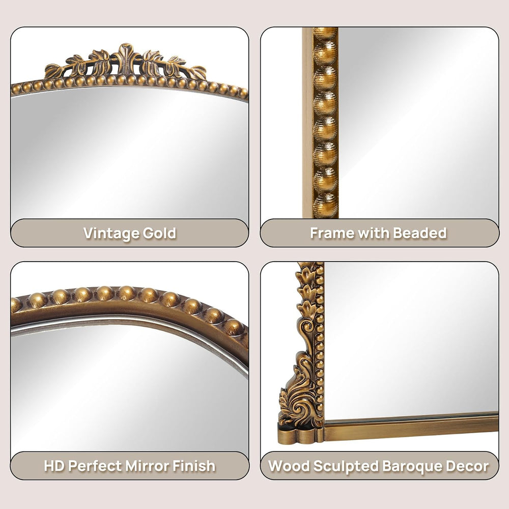24"x32" Vintage Gold Mirror, Baroque Arched Wall Mirror