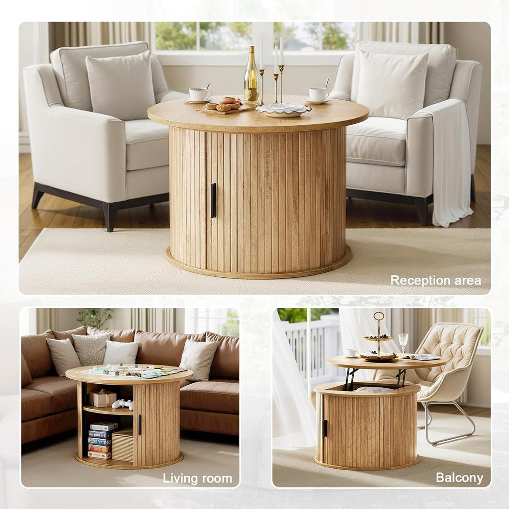 FABATO Round Lift Top Coffee Table Fluted Drum Table Sliding Door, Wood