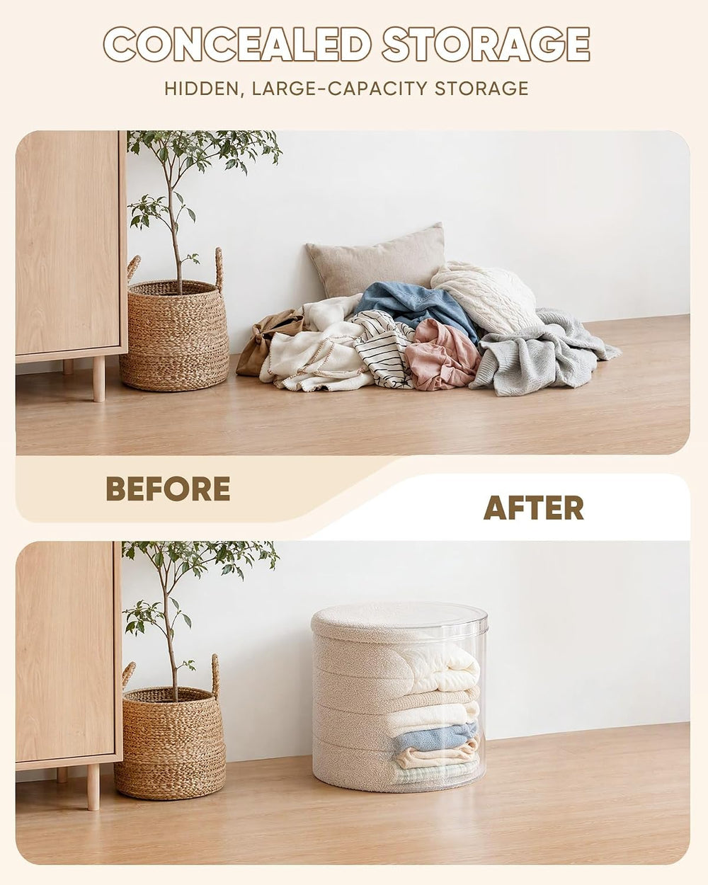 B FSOBEIIALEO Folding Storage Ottoman, Round Sherpa Ottomans, Beige