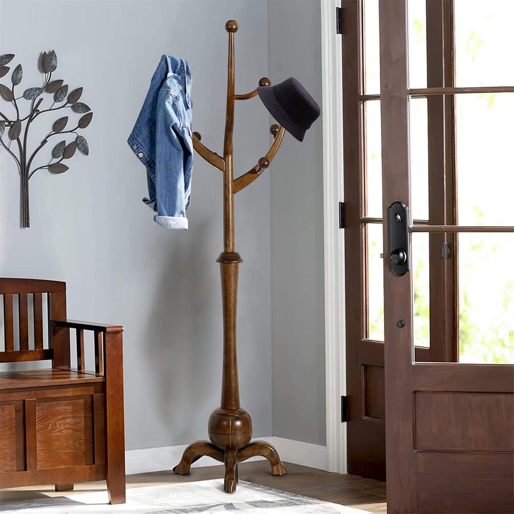Bekrvio Coat Rack Freestanding Wood Coat Tree Rack with 8 Hooks, Walnut