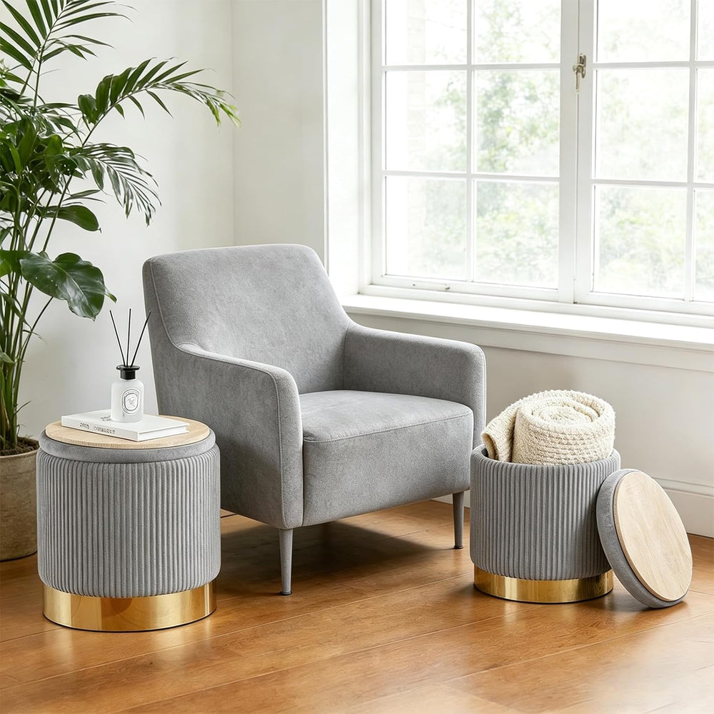 Round Ottoman with Storage Set of 2 Light Gray Velvet Vanity Stool