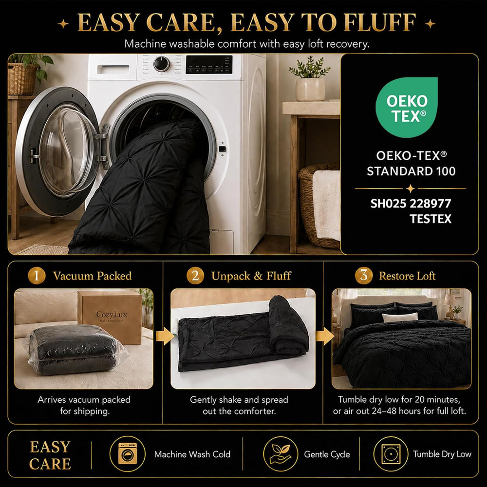 CozyLux Queen Comforter Set Black, 7 Pieces Pintuck Bed in a Bag