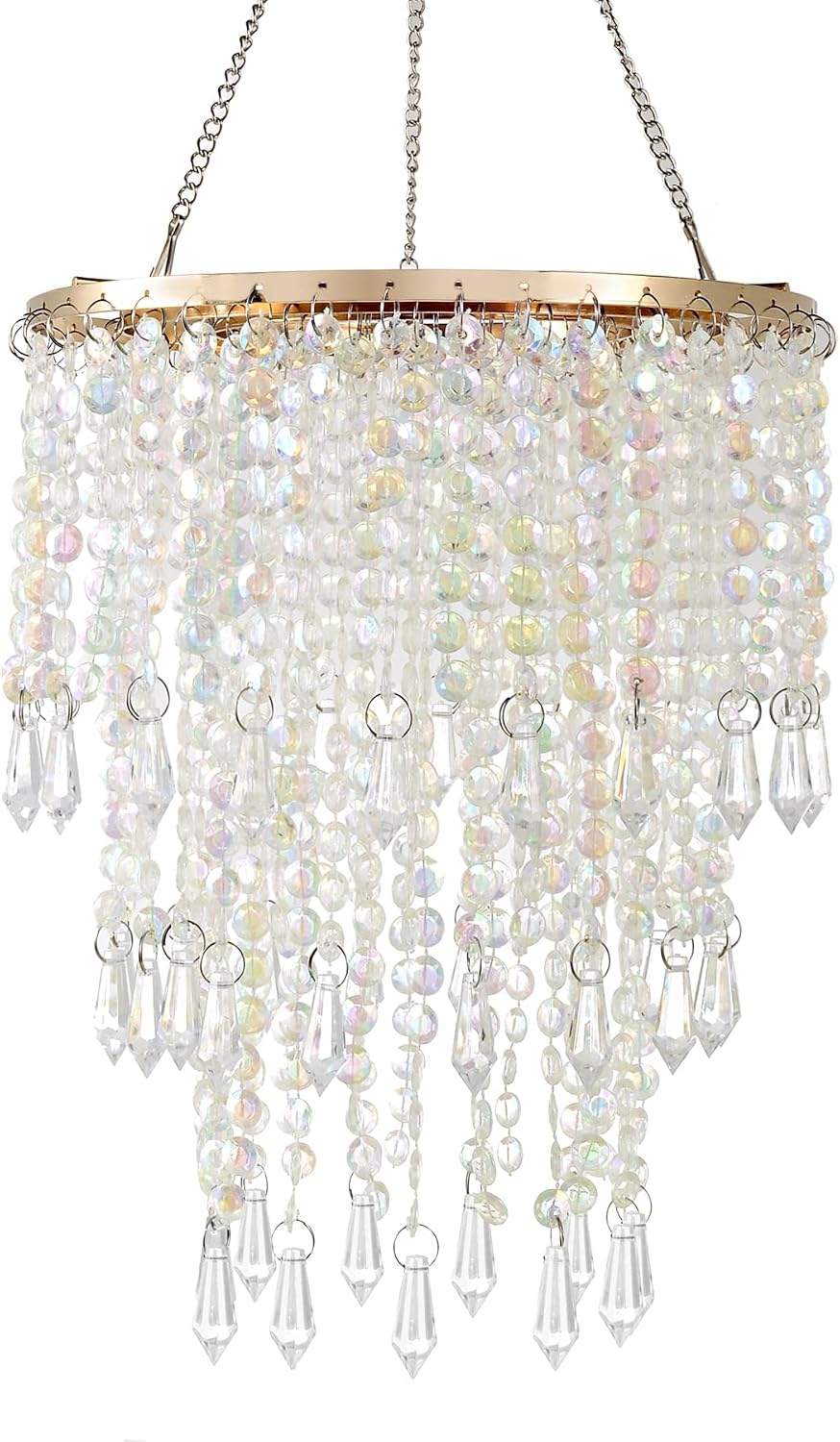 3-Tier Acrylic Chandelier Shade with Crystal Beads and Gold Frame - Elegant C...
