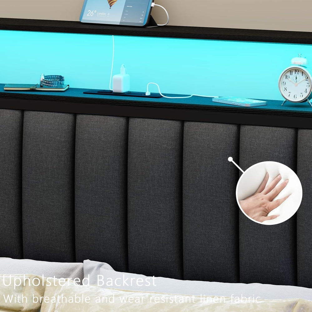Furnulem Queen Size Bed Frame with Charging Station and LED Lights