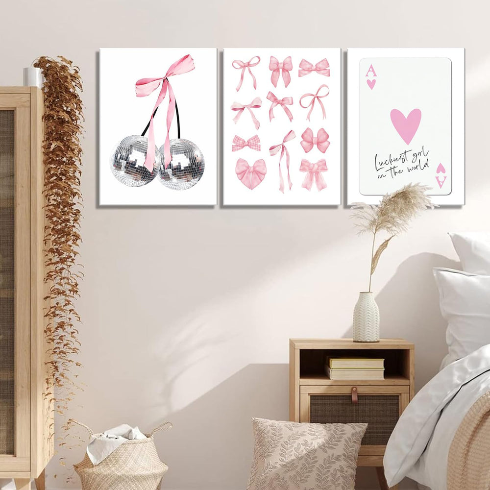Pink Bows Wall Art Set of 3, Preppy Coquette Wall Decor, Trendy Disco Ball an...