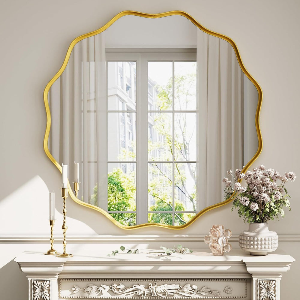 Gold Scalloped Circle Mirror, 42" Wavy Edge Round Wall Mirror