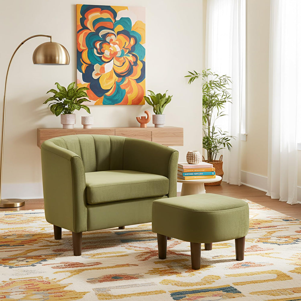 FDW Velvet Barrel Accent Chair with Ottoman, Modern Armchair with Ottoman Set...