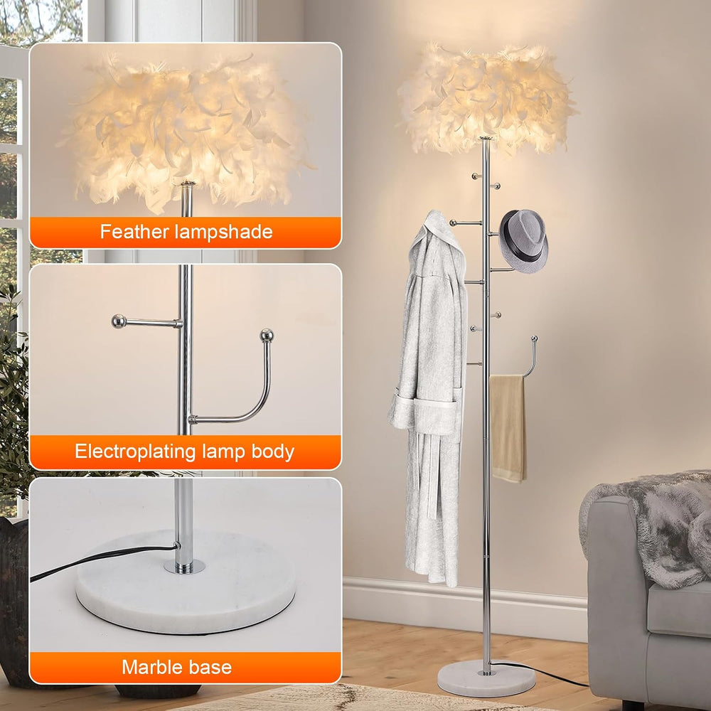 Feather Floor Lamp with Coat Rack - Modern Metal Hall Tree with 5 Hooks for L...